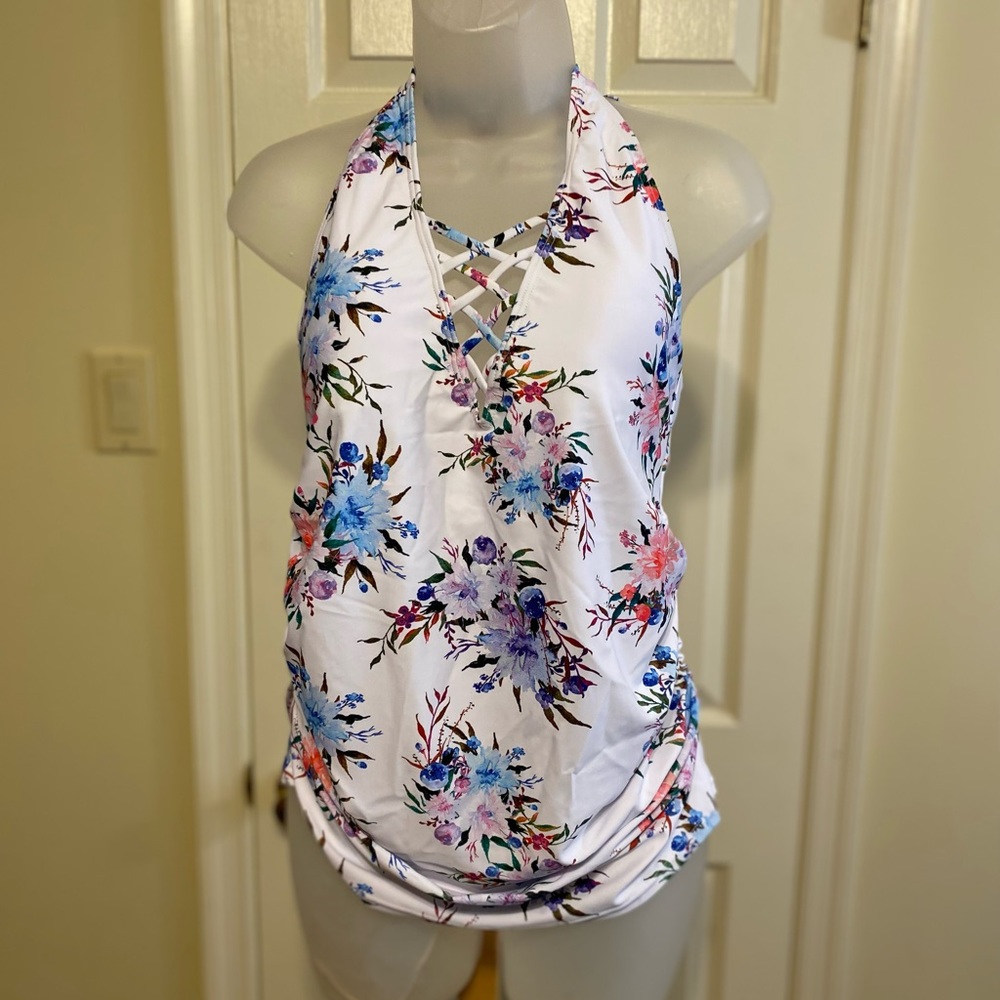 🎉HP🎉NWT Pink Blush Swim - Maternity white floral halter swim tankini top, Size L